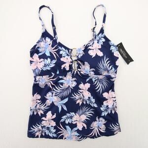 Ambrielle Tankini Top Navy Floral Tropical O Ring Cutout Padded Swim Top Small